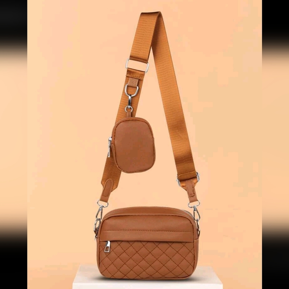 Brown Quilted Square Purse with Coin Purse